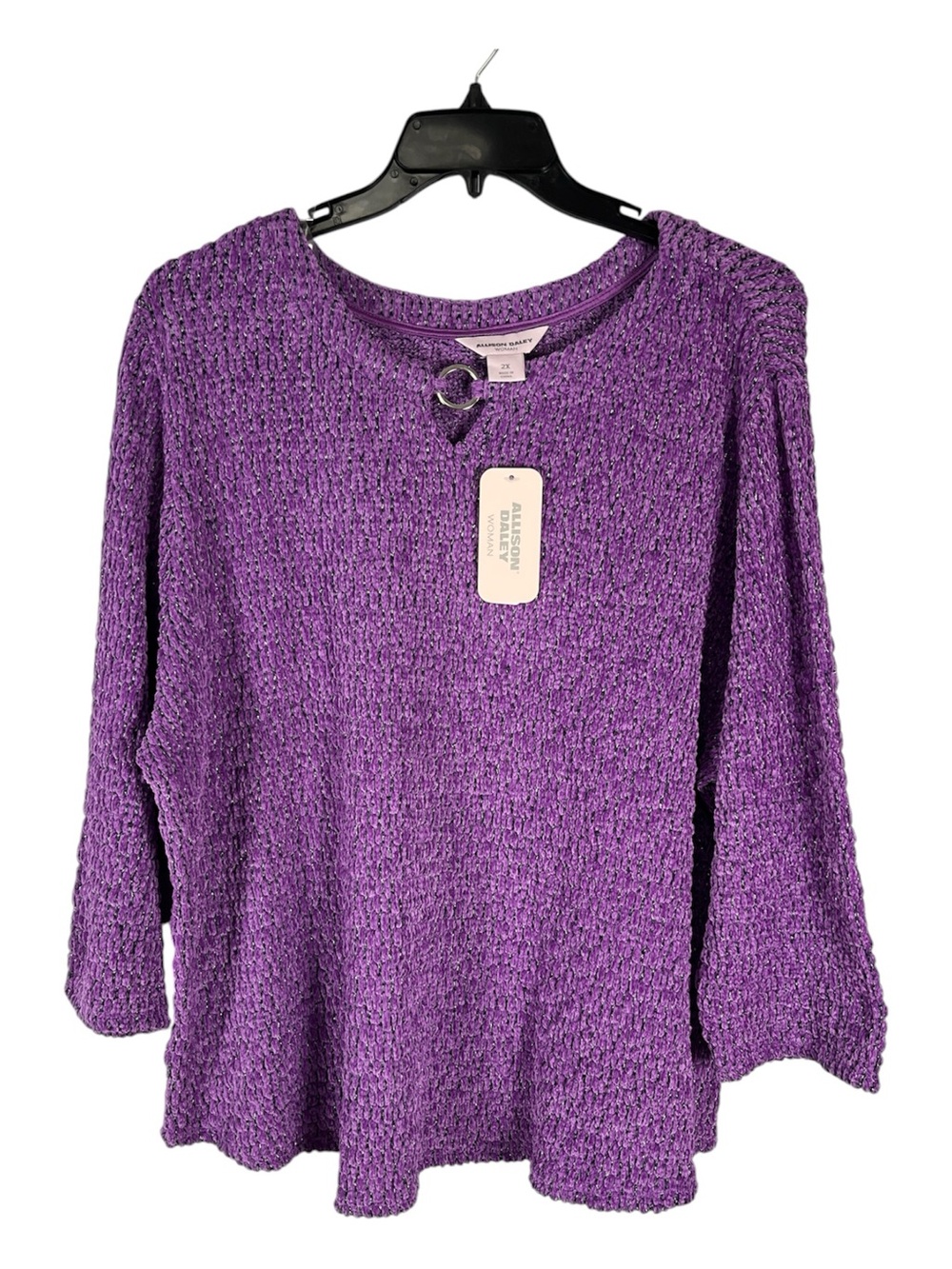 NWT Allison Daley Plus Size 2X Purple Textured Knit Ring Neck Pullover $69